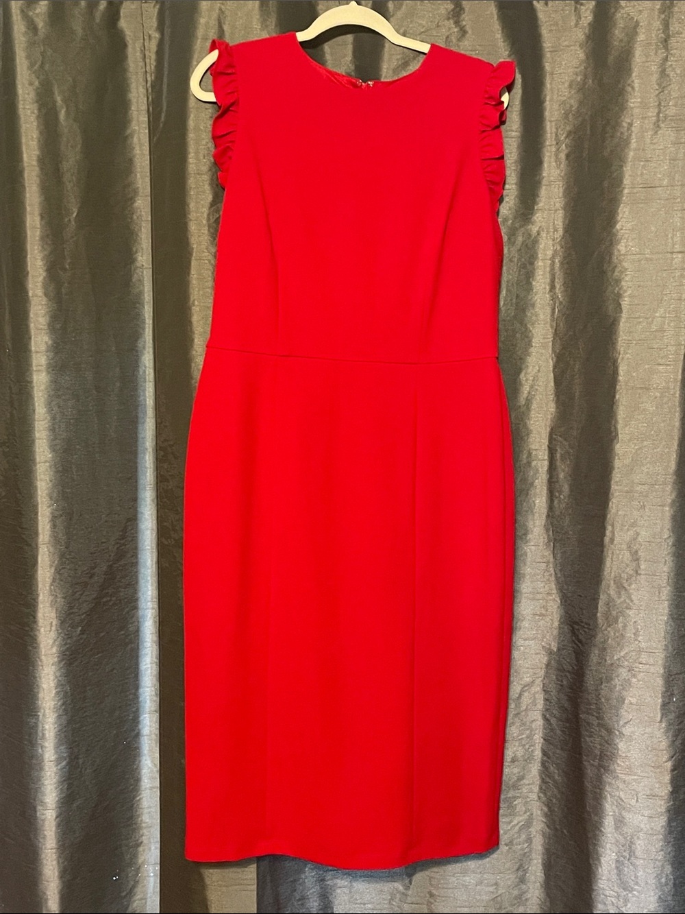 Maggy London Bright Red Midi Sheath with Ruffle Sleeves
